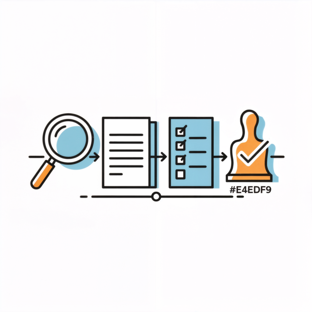 Lupe, Dokument, Checkliste und Person bilden einen Prozess, Illustration