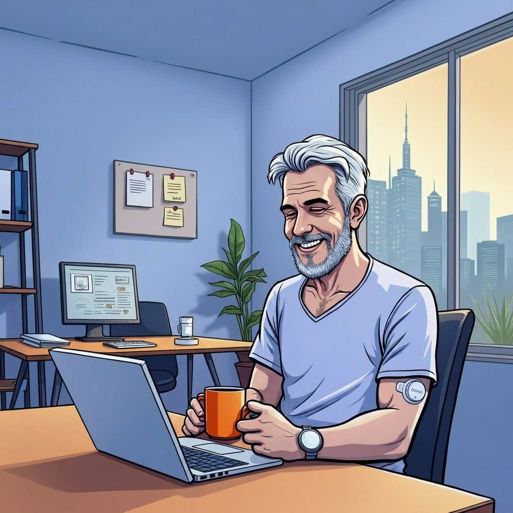 Mann mit Diabetes-Sensor am Arm sitzt im Büro am Computer und hält eine Kaffeetasse