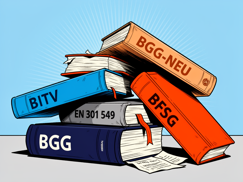 Buchstapel mit BGG, EN301 549, BITV, BFSG und BGG-neu