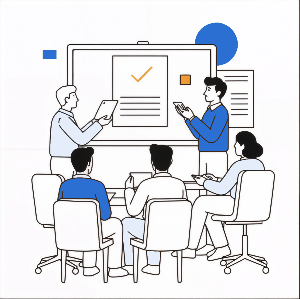 zwei Personen halten eine Präsentation vor sitzenden Menschen, Illustration