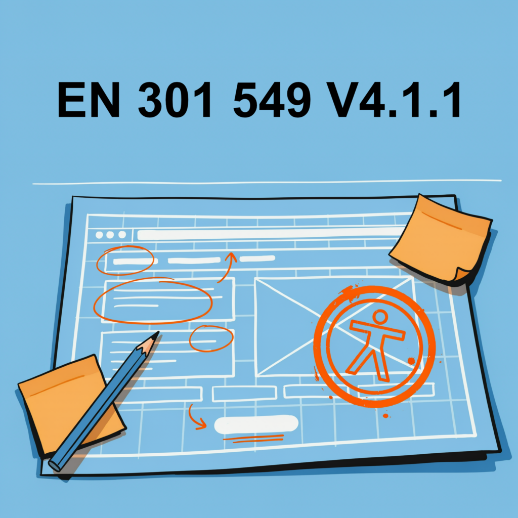 Text EN 301 549 V4.1.1 mit der Zeichnung einer Website mit eingekreisten Stellen und einem Stemple mit dem Accessibility-Icon